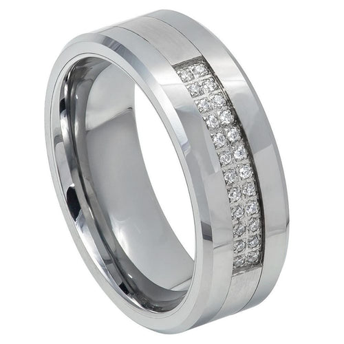 8mm Tungsten Carbide Double Row Prong-set 24 Round CZs Band Brushed/Shiny Finish Low Beveled Edge Wedding Band Ring