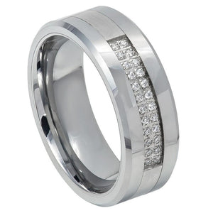 8mm Tungsten Carbide Double Row Prong-set 24 Round CZs Band Brushed/Shiny Finish Low Beveled Edge Wedding Band Ring