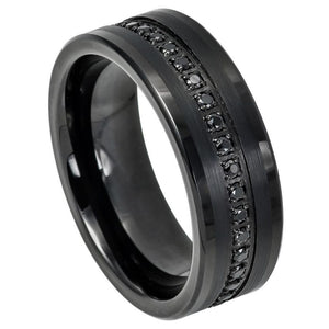 8mm Tungsten Carbide Prong-set Round CZs Eternity Band Black  IP Plated Brush Finish Low Stepped Edge Wedding Band Ring