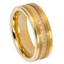 Load image into Gallery viewer, 8mm Tungsten Carbide Yellow Gold IP Plated Brush Finish Low Stepped Edge Wedding Band Ring