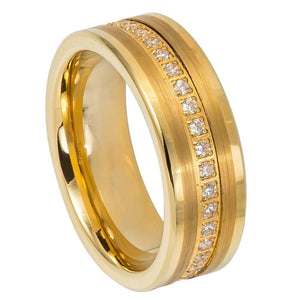 8mm Tungsten Carbide Yellow Gold IP Plated Brush Finish Low Stepped Edge Wedding Band Ring