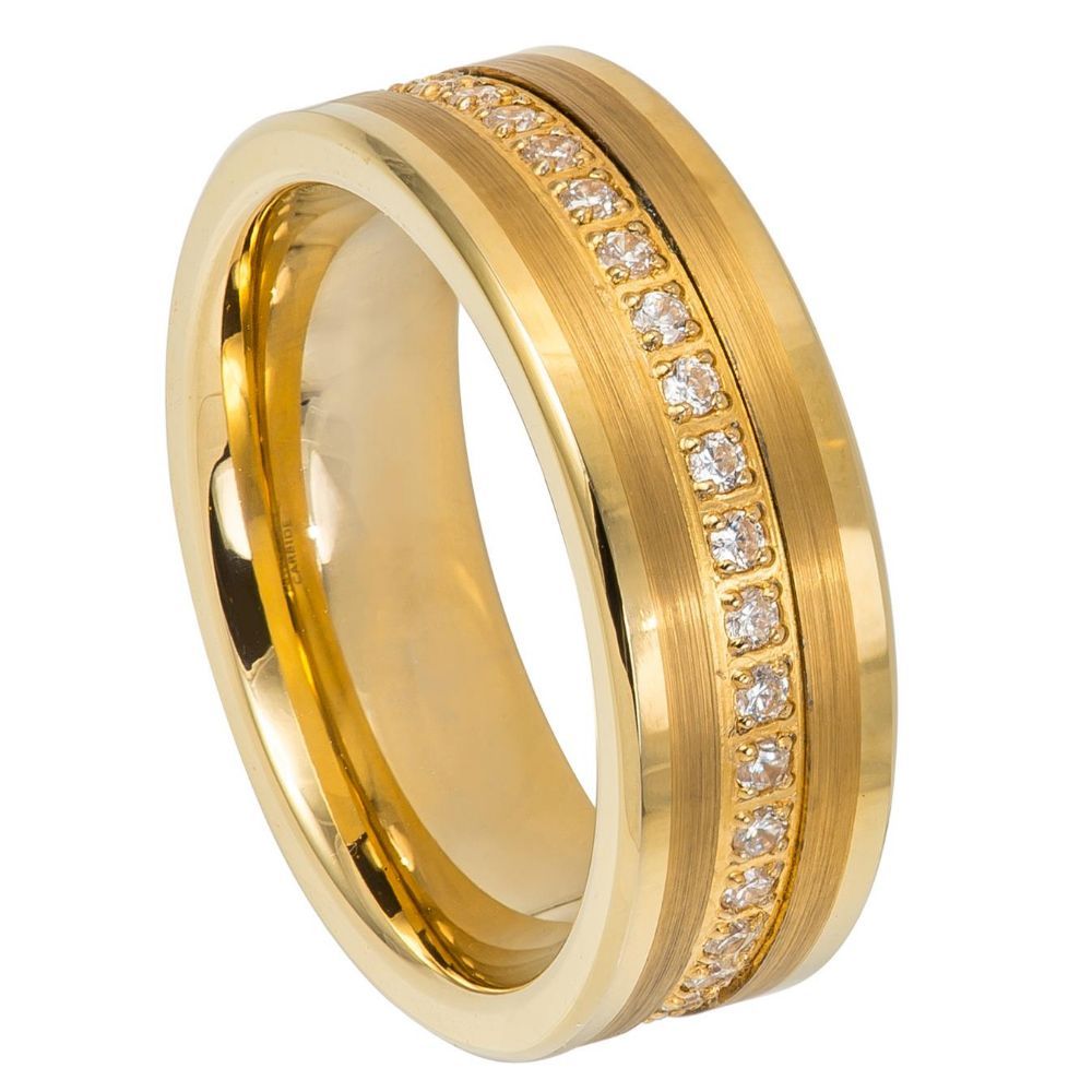 8mm Tungsten Carbide Yellow Gold IP Plated Brush Finish Low Stepped Edge Wedding Band Ring