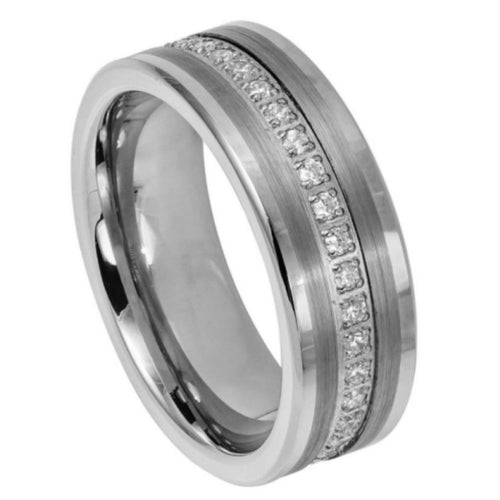 8mm Tungsten Carbide Pipe-cut Brushed Center Prong-set Round-cut Cubic Zirconia Eternity Ring
