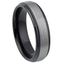 Load image into Gallery viewer, 6mm Tungsten Carbide Two-tone Black IP Gun Metal Brushed Center Stepped Edge Wedding Band Ring
