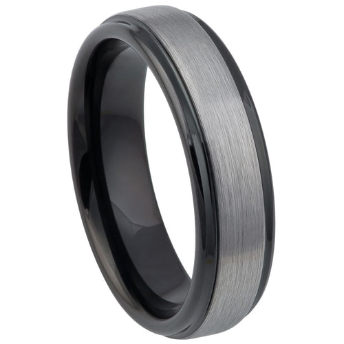 6mm Tungsten Carbide Two-tone Black IP Gun Metal Brushed Center Stepped Edge Wedding Band Ring