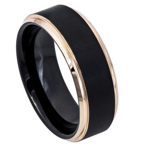 8mm Tungsten Carbide Two-Tone Black IP Rose Gold IP Brushed Center Stepped Edge Wedding Band Ring