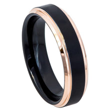 Load image into Gallery viewer, 6mm Tungsten Carbide Two-Tone Black IP Rose Gold IP Brushed Center Stepped Edge Wedding Band Ring