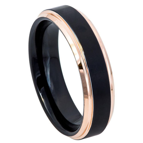 6mm Tungsten Carbide Two-Tone Black IP Rose Gold IP Brushed Center Stepped Edge Wedding Band Ring