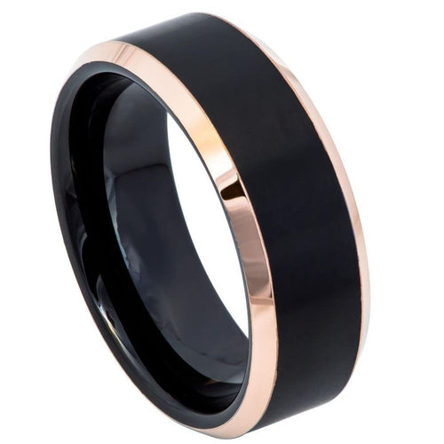 8mm Tungsten Carbide Two-Tone Black IP Rose Gold IP Brushed Center Beveled Edge Wedding Band Ring