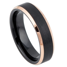 Load image into Gallery viewer, 6mm Tungsten Carbide Two-Tone Black IP Rose Gold IP Brushed Center Beveled Edge Wedding Band Ring