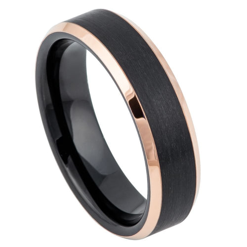 6mm Tungsten Carbide Two-Tone Black IP Rose Gold IP Brushed Center Beveled Edge Wedding Band Ring