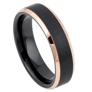 6mm Tungsten Carbide Two-Tone Black IP Rose Gold IP Brushed Center Beveled Edge Wedding Band Ring