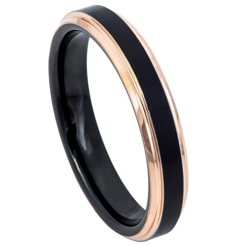 4mm Tungsten Carbide Two-Tone Black IP Rose Gold IP Brushed Center Stepped Edge Wedding Band Ring