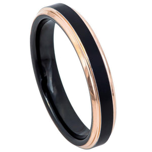 4mm Tungsten Carbide Two-Tone Black IP Rose Gold IP Brushed Center Stepped Edge Wedding Band Ring
