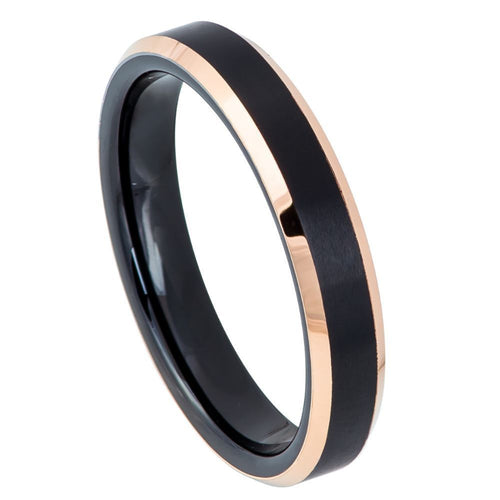 4mm Tungsten Carbide Two-Tone Black IP Rose Gold IP Brushed Center Beveled Edge Wedding Band Ring