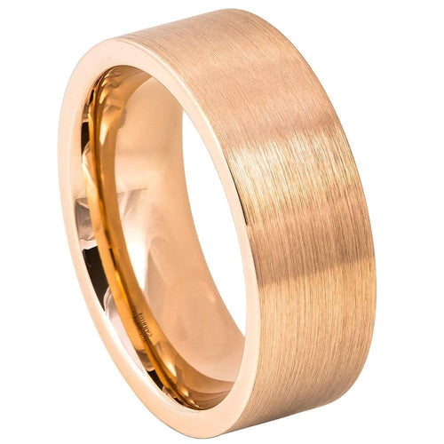 8mm Tungsten Carbide Rose GOLD IP Plated Brushed Pipe Cut Band Wedding Band Ring