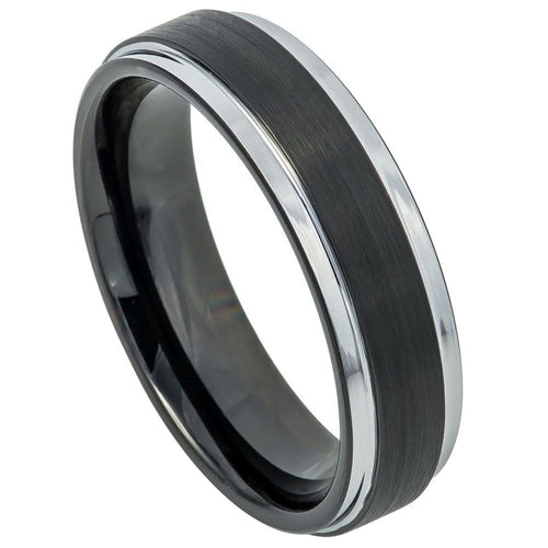 6mm Tungsten Carbide Two-tone Black IP Brushed Center Steel Color Stepped Edge Wedding Band Ring