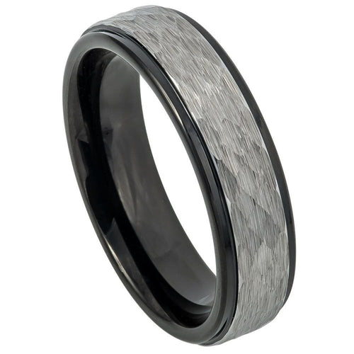 6mm Tungsten Carbide Two-tone Hammered Gun Metal Brushed Finish Black IP Inner Ring Stepped Edge