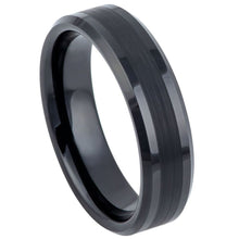 Load image into Gallery viewer, 6mm Tungsten Carbide BlackIP Plated Brushed Center Shiny Lines on each side Beveled Edge