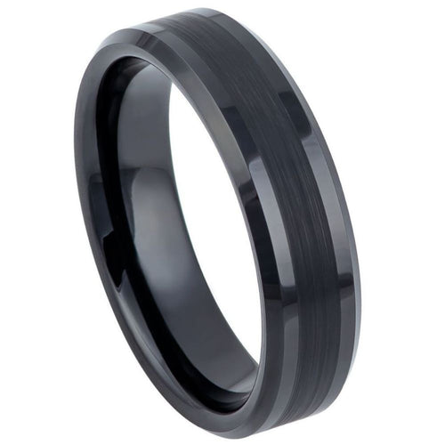 6mm Tungsten Carbide BlackIP Plated Brushed Center Shiny Lines on each side Beveled Edge