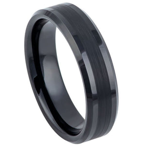 6mm Tungsten Carbide BlackIP Plated Brushed Center Shiny Lines on each side Beveled Edge