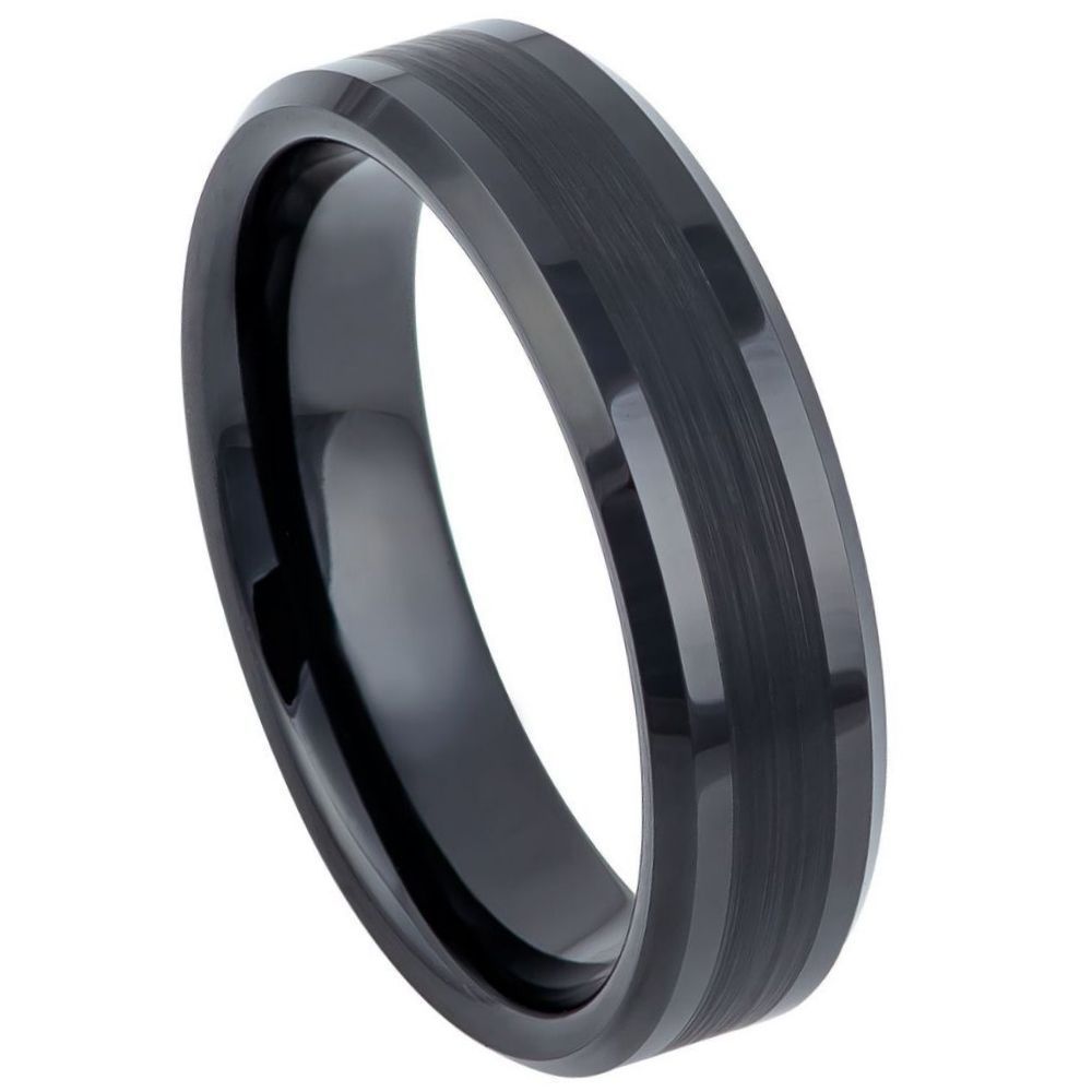 6mm Tungsten Carbide BlackIP Plated Brushed Center Shiny Lines on each side Beveled Edge