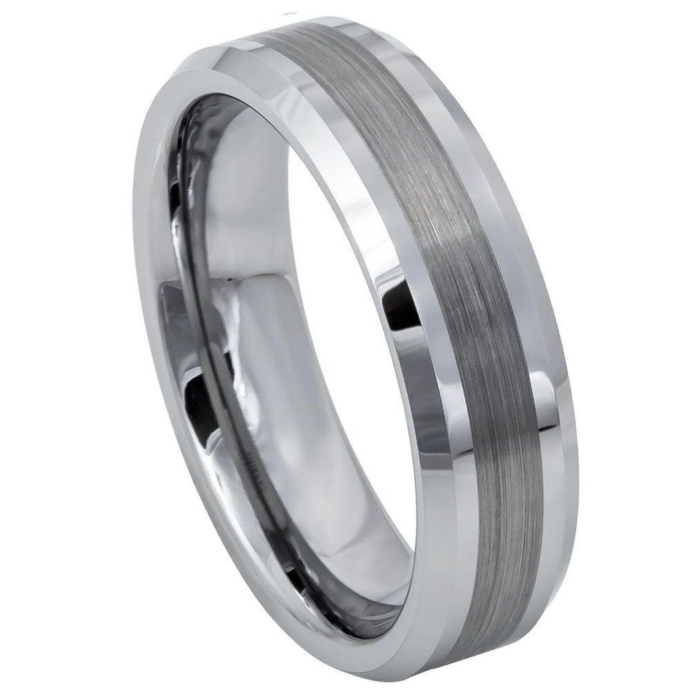 6mm Tungsten Carbide Brushed Center High Polished Beveled Edge Wedding Band Ring