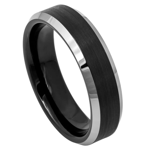 6mm Tungsten Carbide BlackIP Plated Brushed Center High Polished Steel Color Beveled Edge Ring