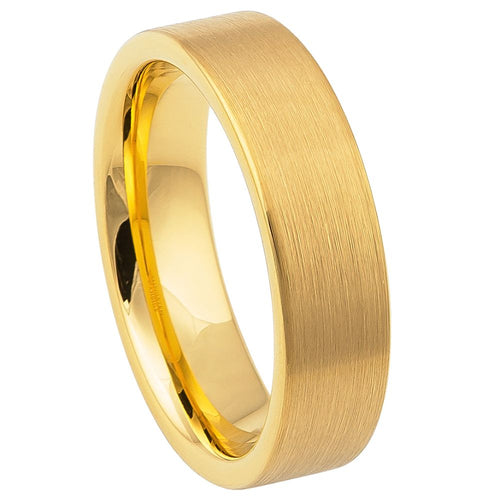 6mm Tungsten Carbide Yellow GOLD IP Plated Brushed Pipe Cut Band Wedding Band Ring