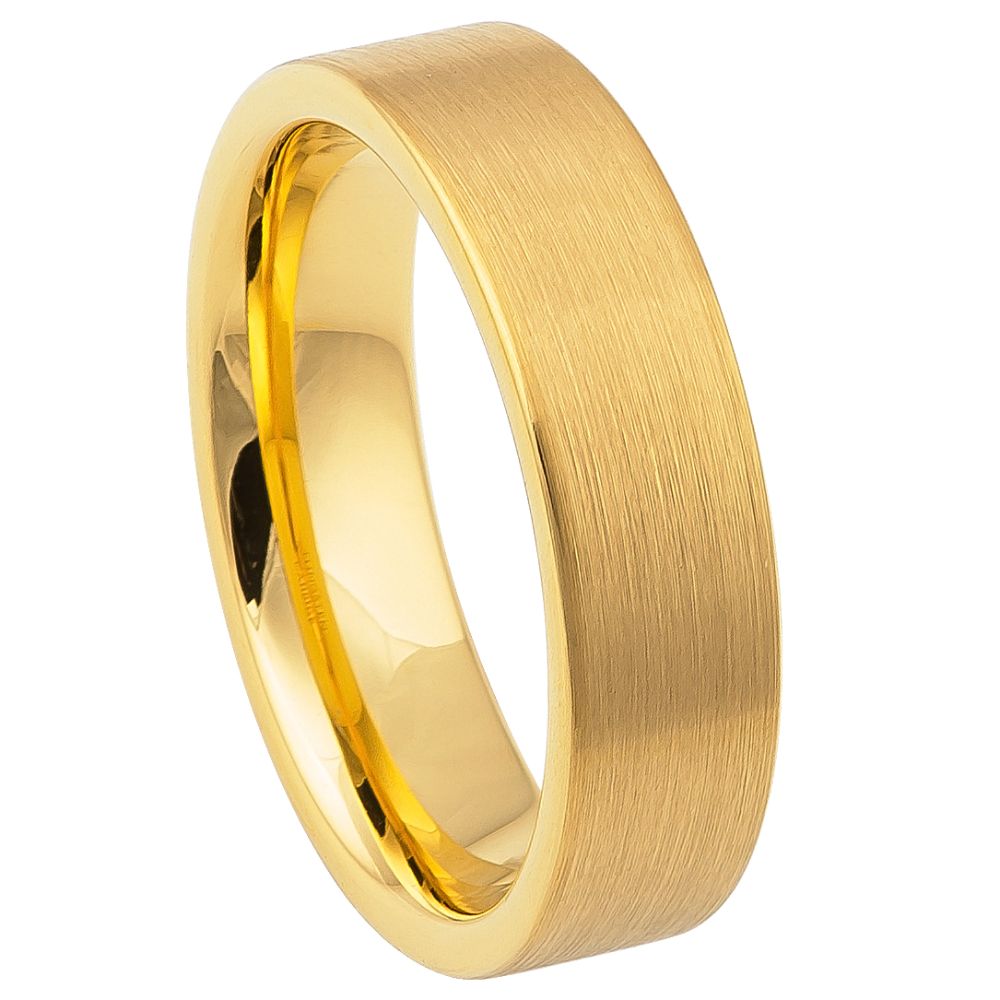 6mm Tungsten Carbide Yellow GOLD IP Plated Brushed Pipe Cut Band Wedding Band Ring