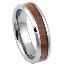 Load image into Gallery viewer, 6mm Tungsten Carbide High Polished with Mahogany Wood Inlay Beveled Edge Wedding Band Ring
