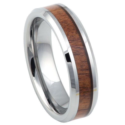 6mm Tungsten Carbide High Polished with Mahogany Wood Inlay Beveled Edge Wedding Band Ring
