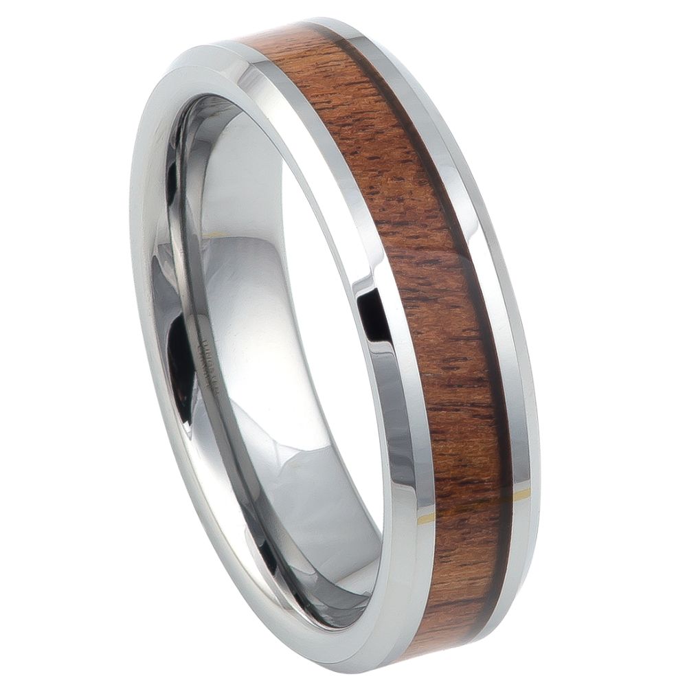 6mm Tungsten Carbide High Polished with Mahogany Wood Inlay Beveled Edge Wedding Band Ring