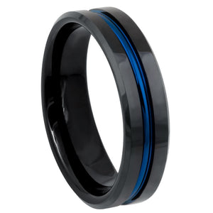 6mm Tungsten Carbide High Polished Beveled Edge Black with Blue IP Plated Grooved Center Ring