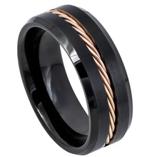 Load image into Gallery viewer, 8mm Tungsten Carbide Black IP Beveled Edge with Rose Gold IP Plated Rope Inlay Wedding Band Ring