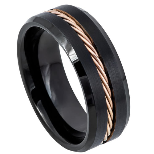 8mm Tungsten Carbide Black IP Beveled Edge with Rose Gold IP Plated Rope Inlay Wedding Band Ring