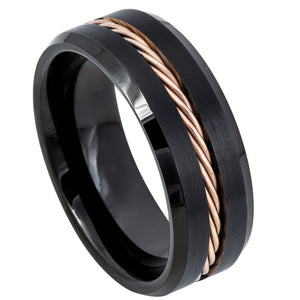 8mm Tungsten Carbide Black IP Beveled Edge with Rose Gold IP Plated Rope Inlay Wedding Band Ring