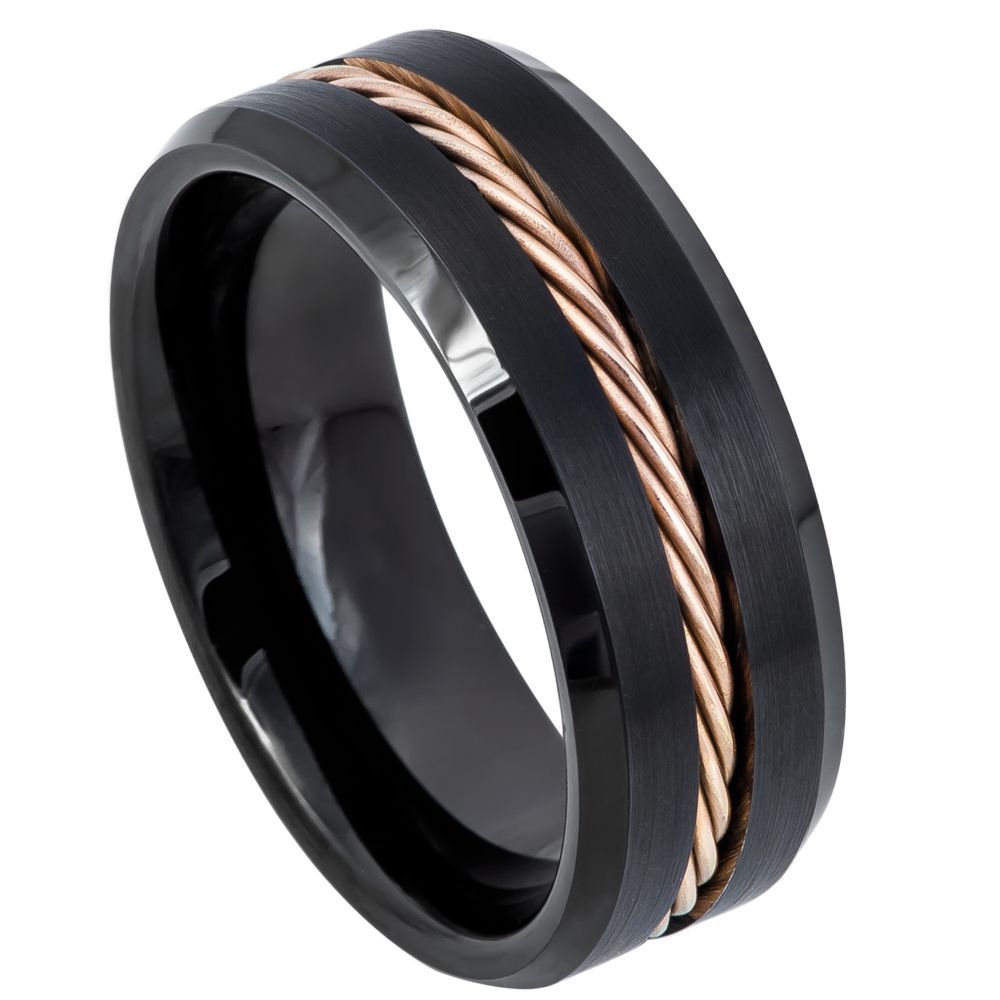 8mm Tungsten Carbide Black IP Beveled Edge with Rose Gold IP Plated Rope Inlay Wedding Band Ring