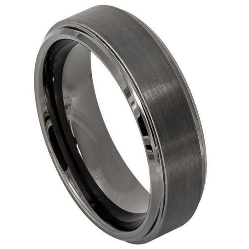 6mm Tungsten Carbide Gun Metal IP Plated Brushed Center High Polish Stepped/Beveled Edge Ring