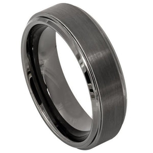 6mm Tungsten Carbide Gun Metal IP Plated Brushed Center High Polish Stepped/Beveled Edge Ring