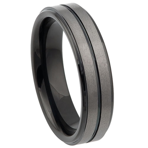 6mm Tungsten Carbide Two-tone Black IP Plated Center Grooved Brushed Finish Stepped Edge Ring