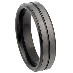 6mm Tungsten Carbide Two-tone Black IP Plated Center Grooved Brushed Finish Stepped Edge Ring