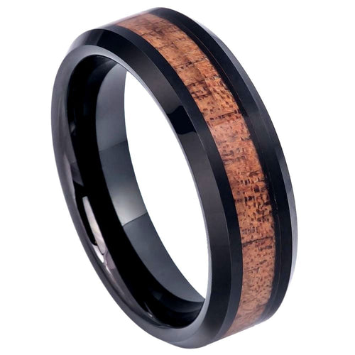 6mm Tungsten Carbide BlackIP Plated with Hawaiian Koa Wood Inlay, Beveled Edge Wedding Band Ring