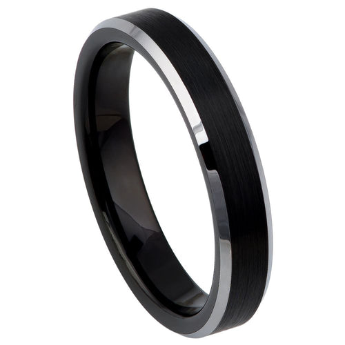 4mm Tungsten Carbide Black IP Plated Brushed Center High Polished Steel Color Beveled Edge Ring