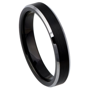 4mm Tungsten Carbide Black IP Plated Brushed Center High Polished Steel Color Beveled Edge Ring