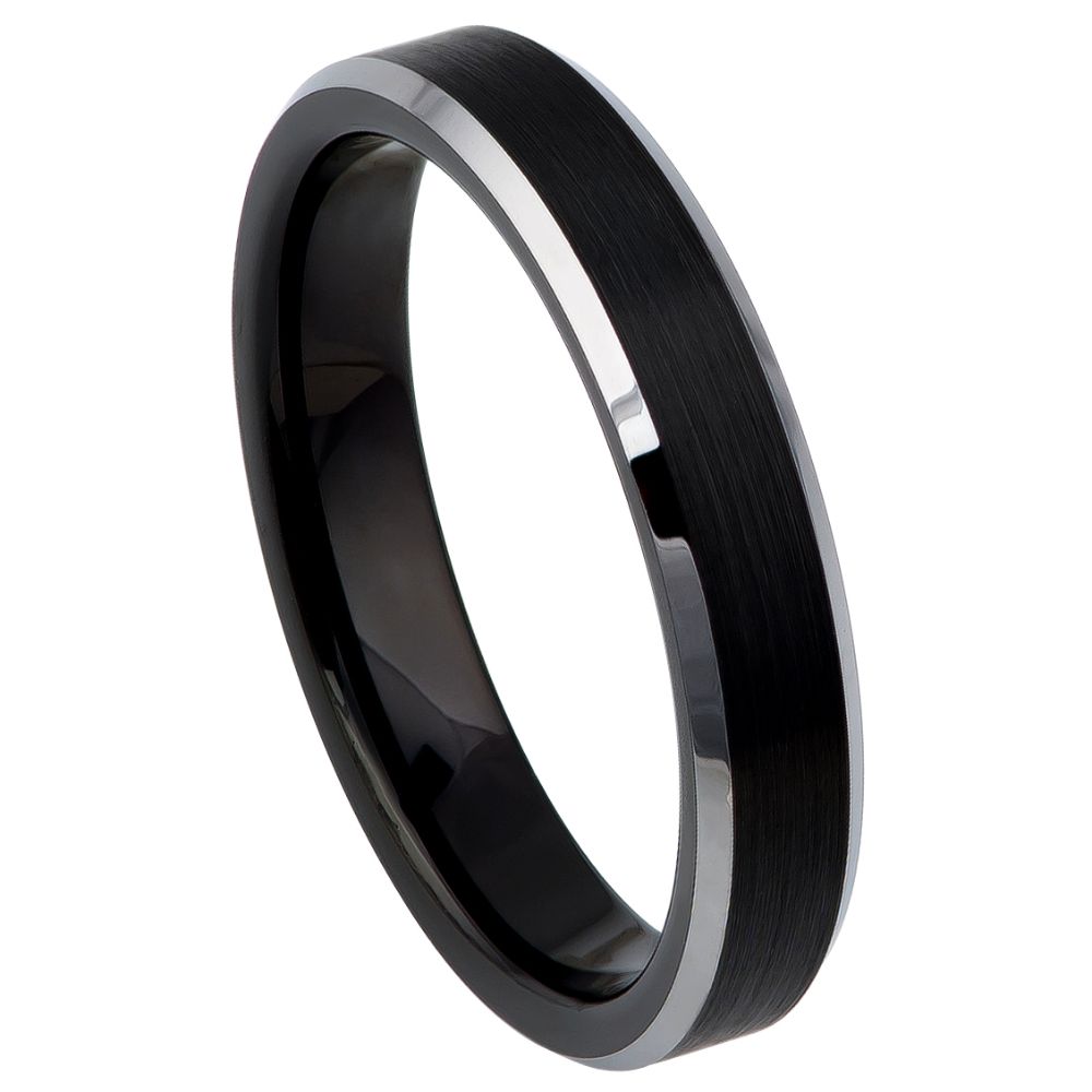 4mm Tungsten Carbide Black IP Plated Brushed Center High Polished Steel Color Beveled Edge Ring