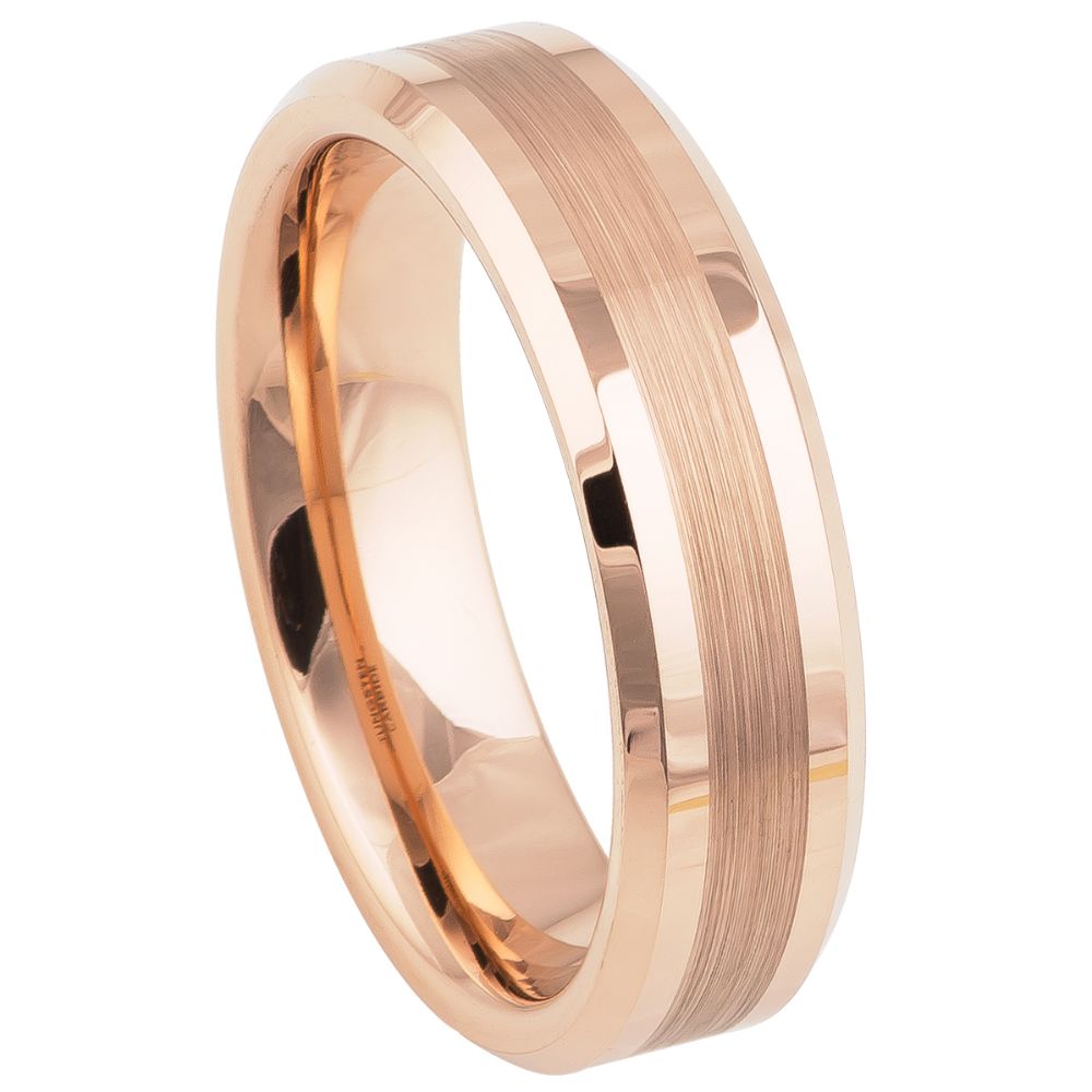 6mm Tungsten Carbide ROSE Gold IP Plated Brushed Center High Polished Beveled Edge Wedding Band Ring