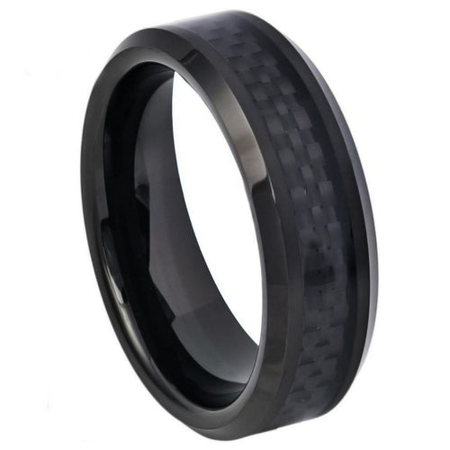 6mm Tungsten Carbide High Polished Black IP Plated with Black Carbon Fiber Inlay Beveled Edge Ring