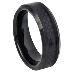 6mm Tungsten Carbide High Polished Black IP Plated with Black Carbon Fiber Inlay Beveled Edge Ring