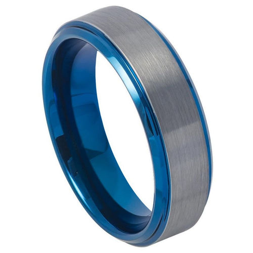 6mm Tungsten Carbide BlueIP Plated Beveled Edge Gun Metal Brushed Finish Wedding Band Ring